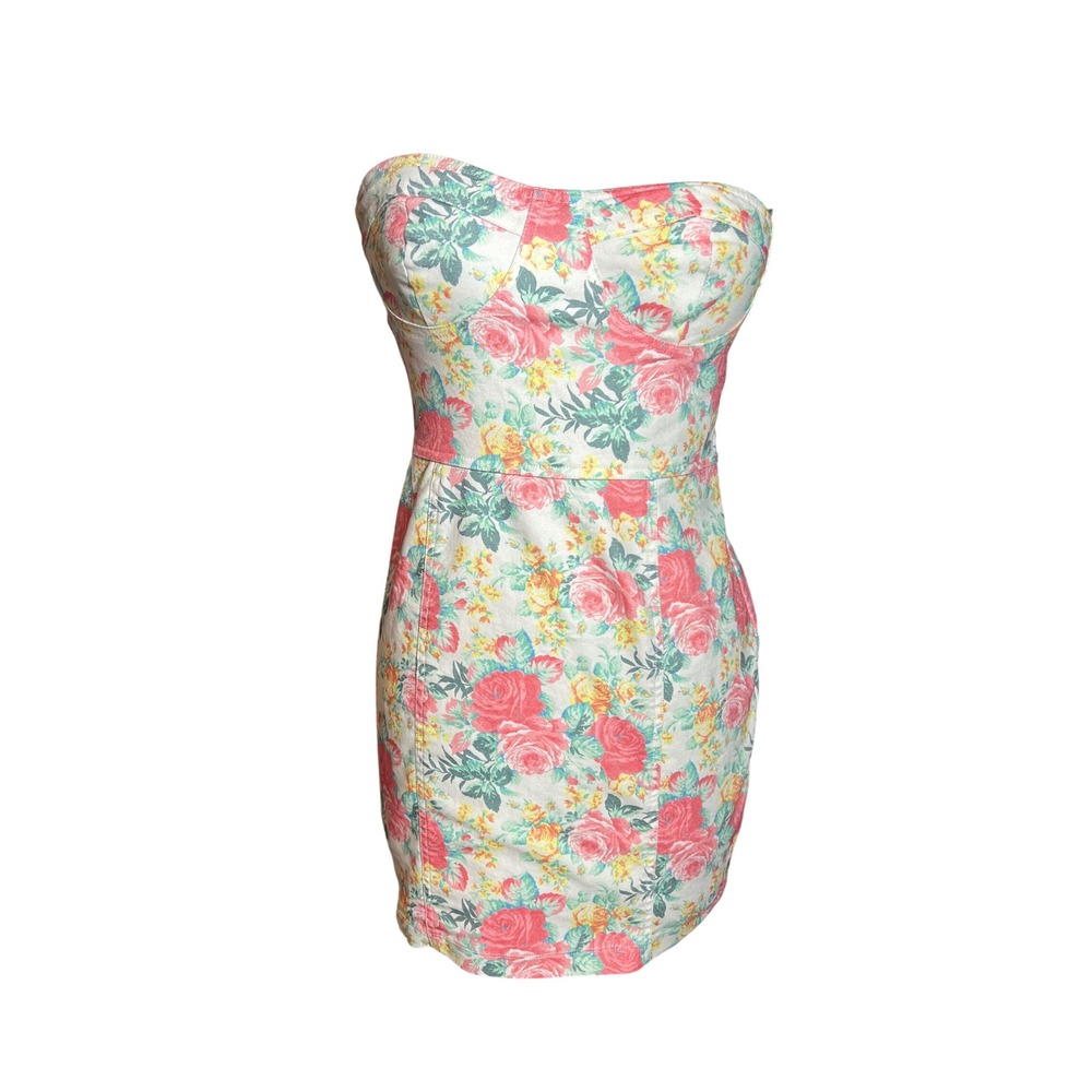 As U Wish Floral Strapless Mini Dress Rose Print Bustier Cream Pink Size 5